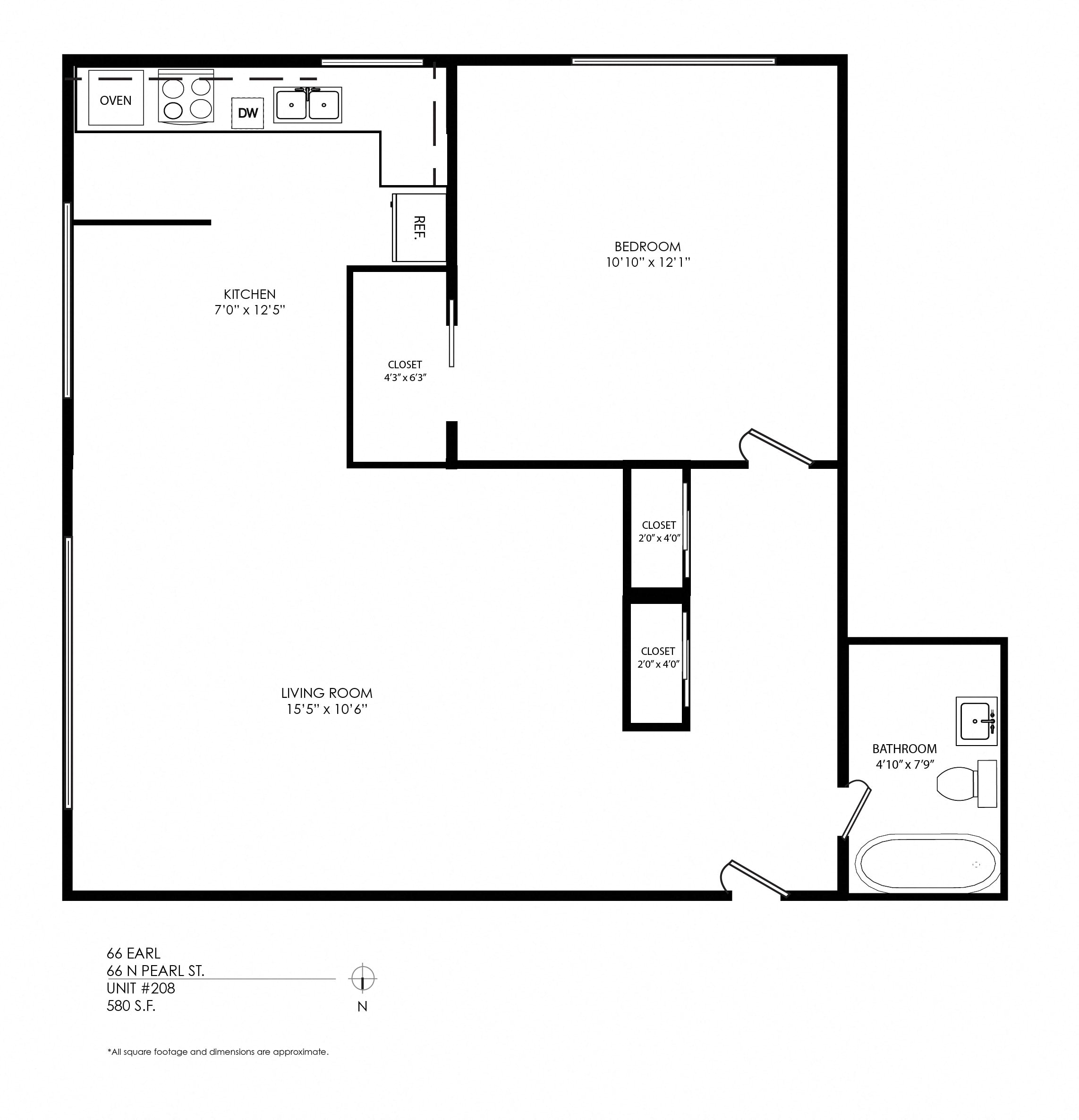 Floor plan for 1 bed, 1 bath, 620 sqft